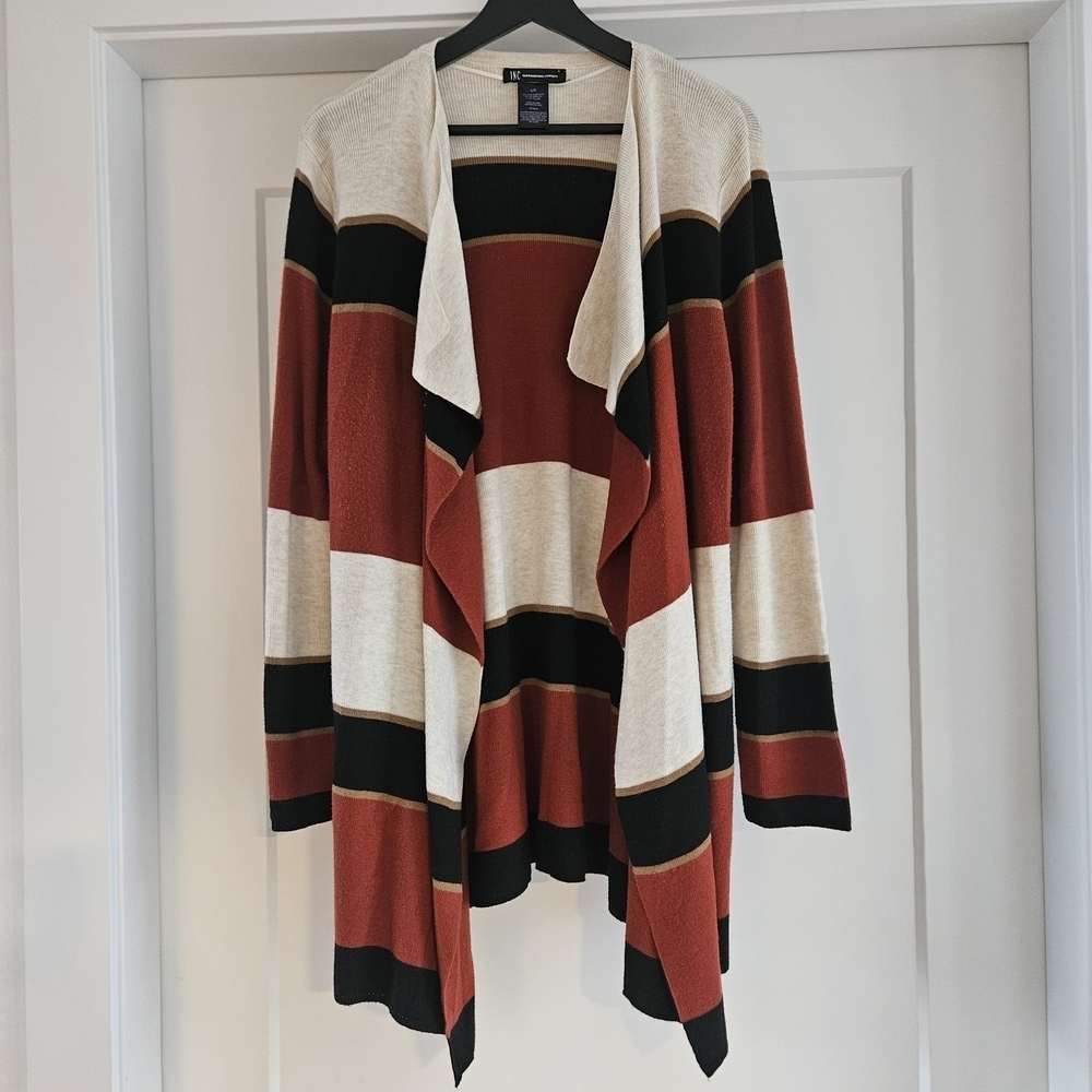INC International Concepts Striped Cardigan - Red, Black, Cream